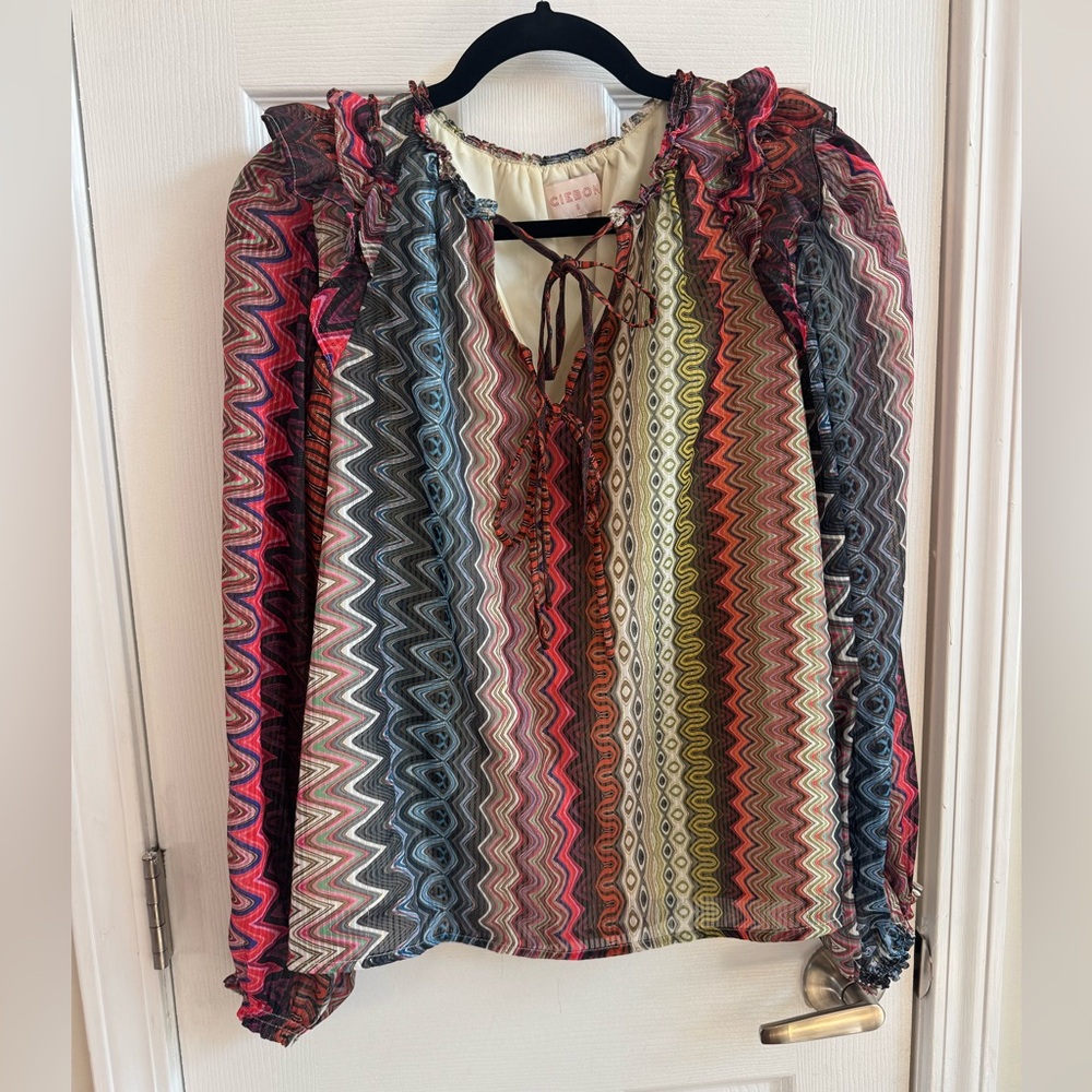 CIEBON Multicolored Zigzag Print Metallic Thread Blouse Size Small